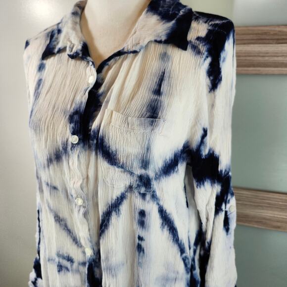 Green Dragon Women's Blue and White Tie Dye Longsleeve Button Up Top Size Large - Picture 3 of 9